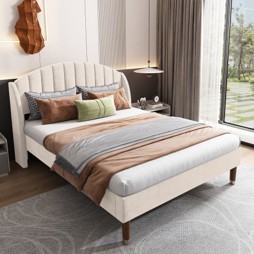 Upholstered Bed,Double Bed-4ft6 135x190cm,with Slatted Frame And Headboard, Youth Bed, Wooden Slatted Support, Easy Assembly, Velvet, Beige