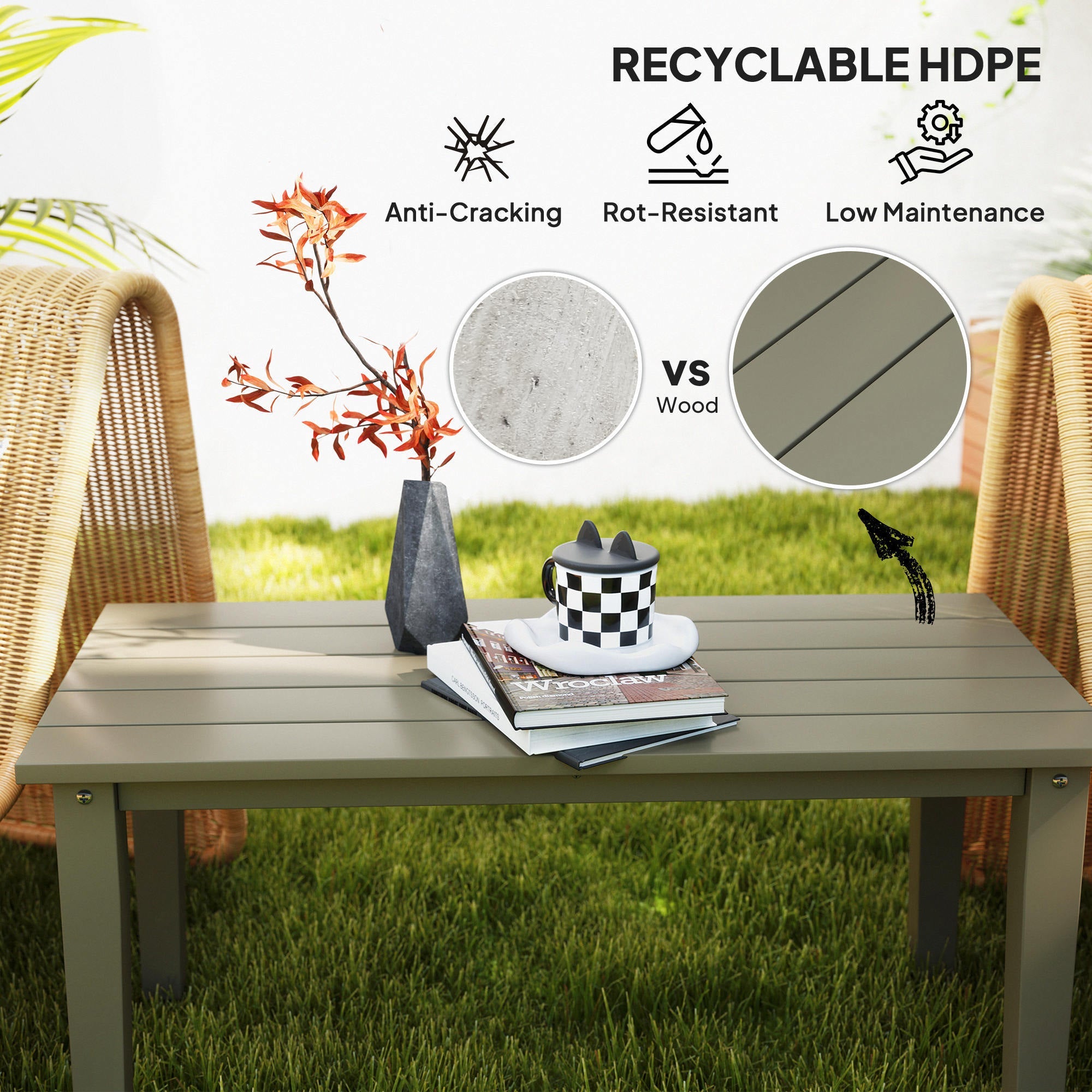 Rectangle Outdoor Coffee Table, HDPE All-Weather Outdoor Patio Table With Slatted Tabletop For Yard, Balcony, Brown CJDropshipping