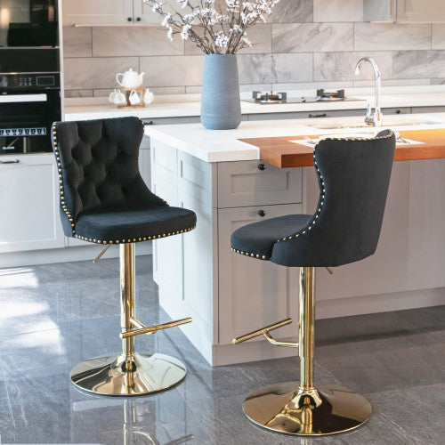 Golden Swivel Velvet Barstools Adjusatble Seat Height From 25-33 Inch Black,Set Of 2