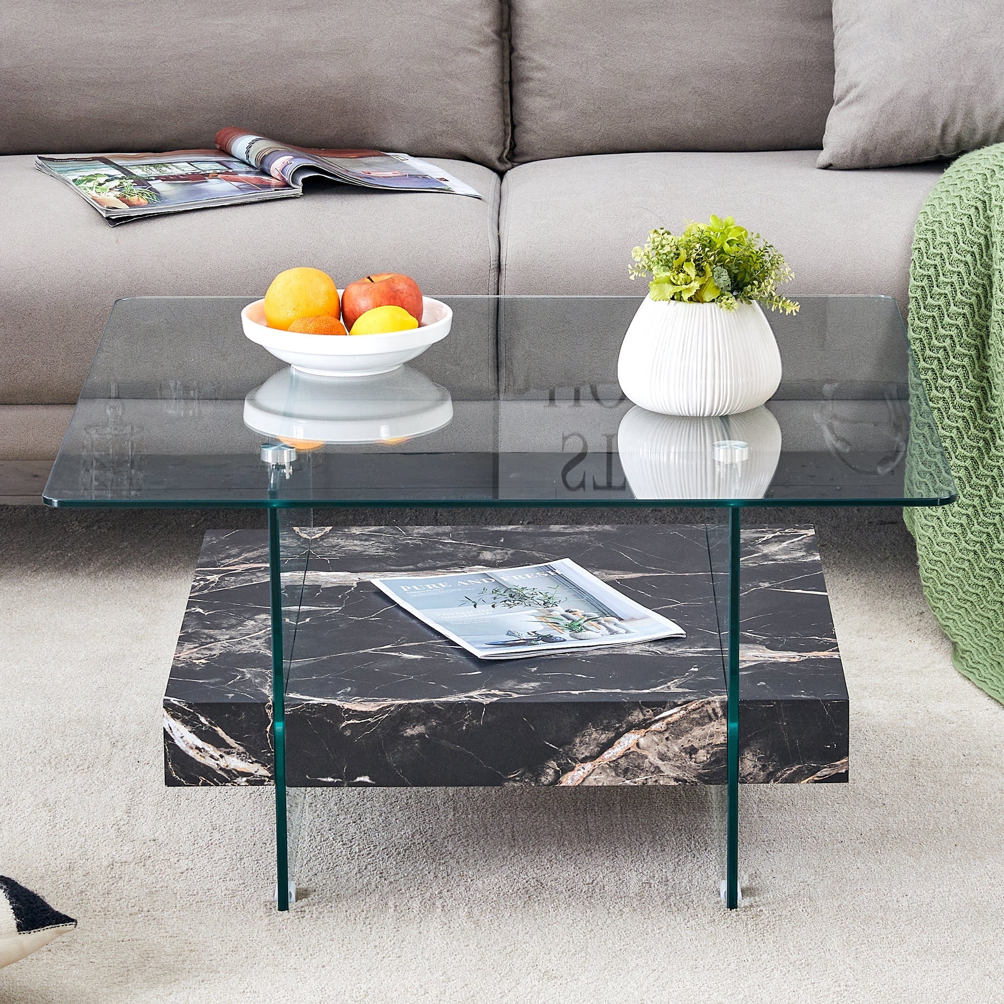 Modern Two-Tier Square Coffee Table - Elegant Clear Glass and Black Sangria Beech