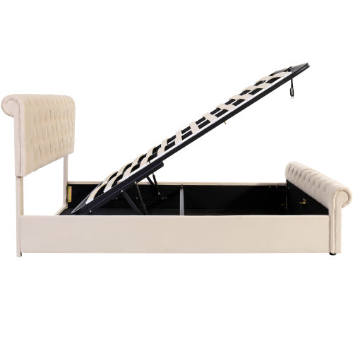 Upholstered Bed 5ft,150x200, 5ft King Bed, Luxurious Velvet Button-Tufted Sleigh Bed Storage, Functional Bed With Slatted Frame And Storage, Beige