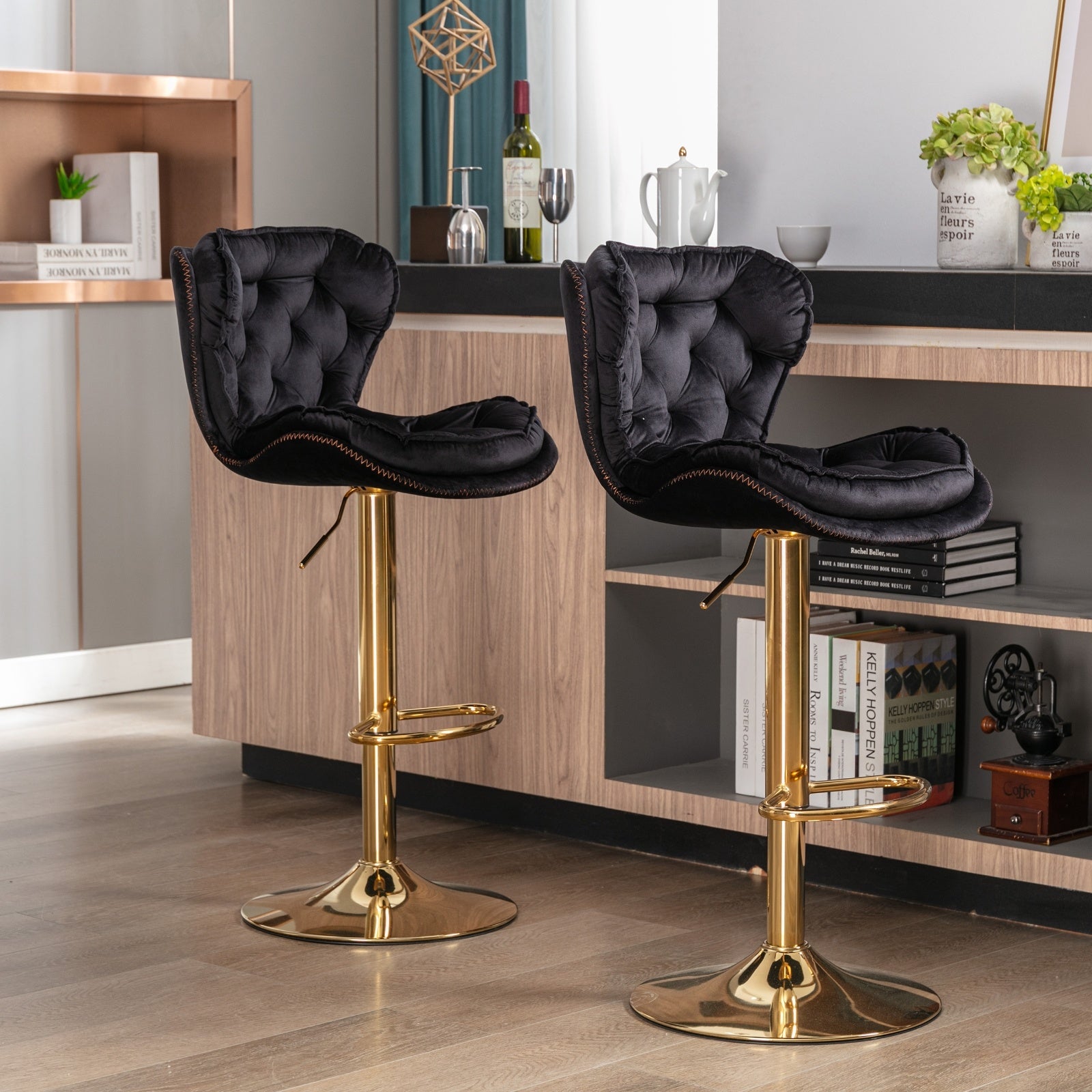 Set Of 2 Bar Stools Chrome Base, Swivel, Adjustable Height, Velvet