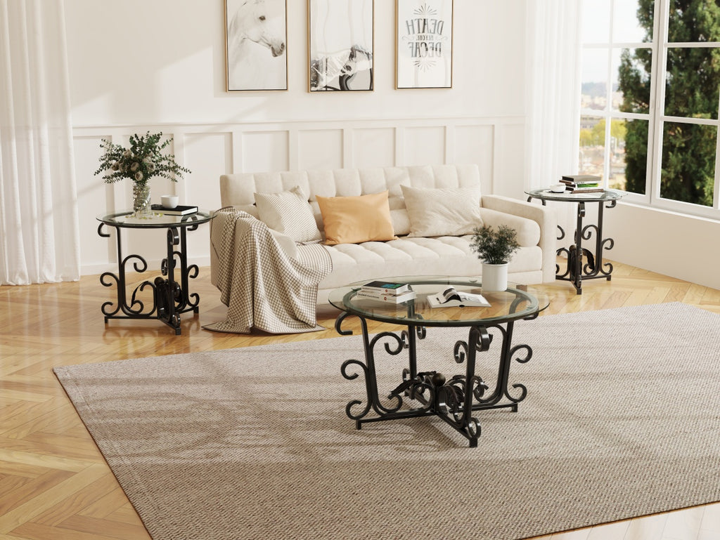 3-Piece Coffee Table Set, Tempered Glass Surface With Sturdy Metal Frame - Modern Living Room Sets 1 Coffee Table 2 End Tables, Scratch-Resistant & Easy To Clean For Small Spaces, Apartments