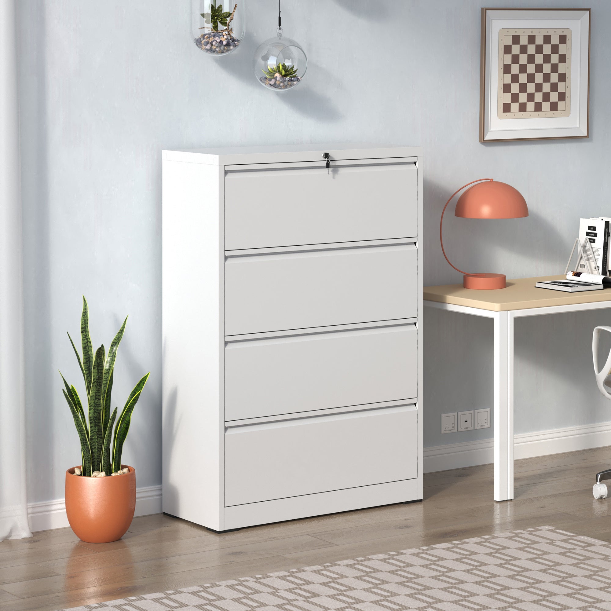 Lateral File Cabinet 4 Drawer, White Filing Cabinet With Lock, Lockable File Cabinet For Home Office, Locking Metal File Cabinet For Legal Letter A4 F4 Size