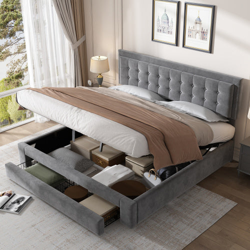 Upholstered Bed King Size Bed 5ft 150x200cm Velvet Fabric  Double Bed  Large Storage Space,With Slats And Headboard,Without Mattress,Grey