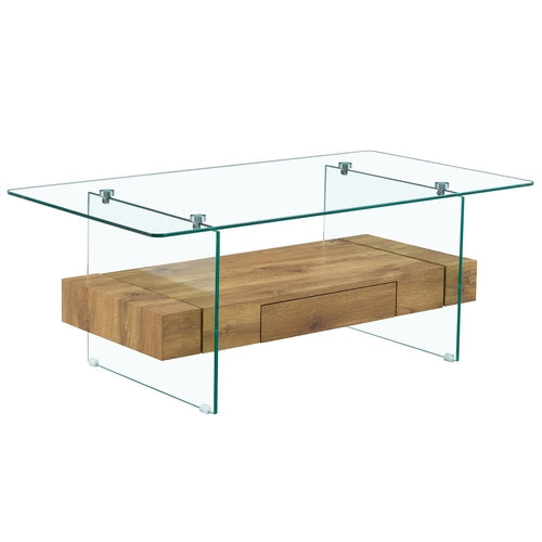 Modern Two-Tier Coffee Table - Clear Tempered Glass and Natural Wood Sangria Beech