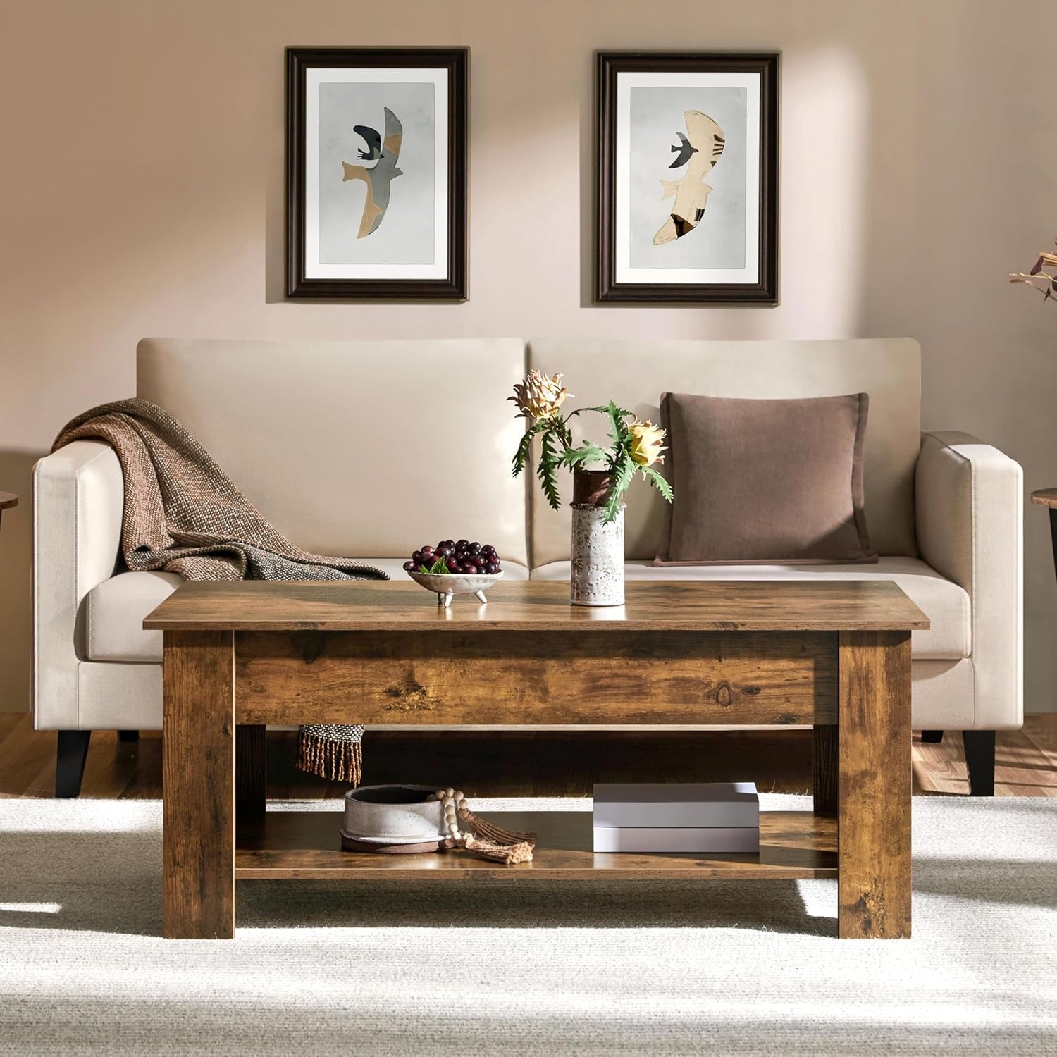 Coffee Table, 47.5In Lift Top Coffee Table with Hidden Compartment and Peach Maple