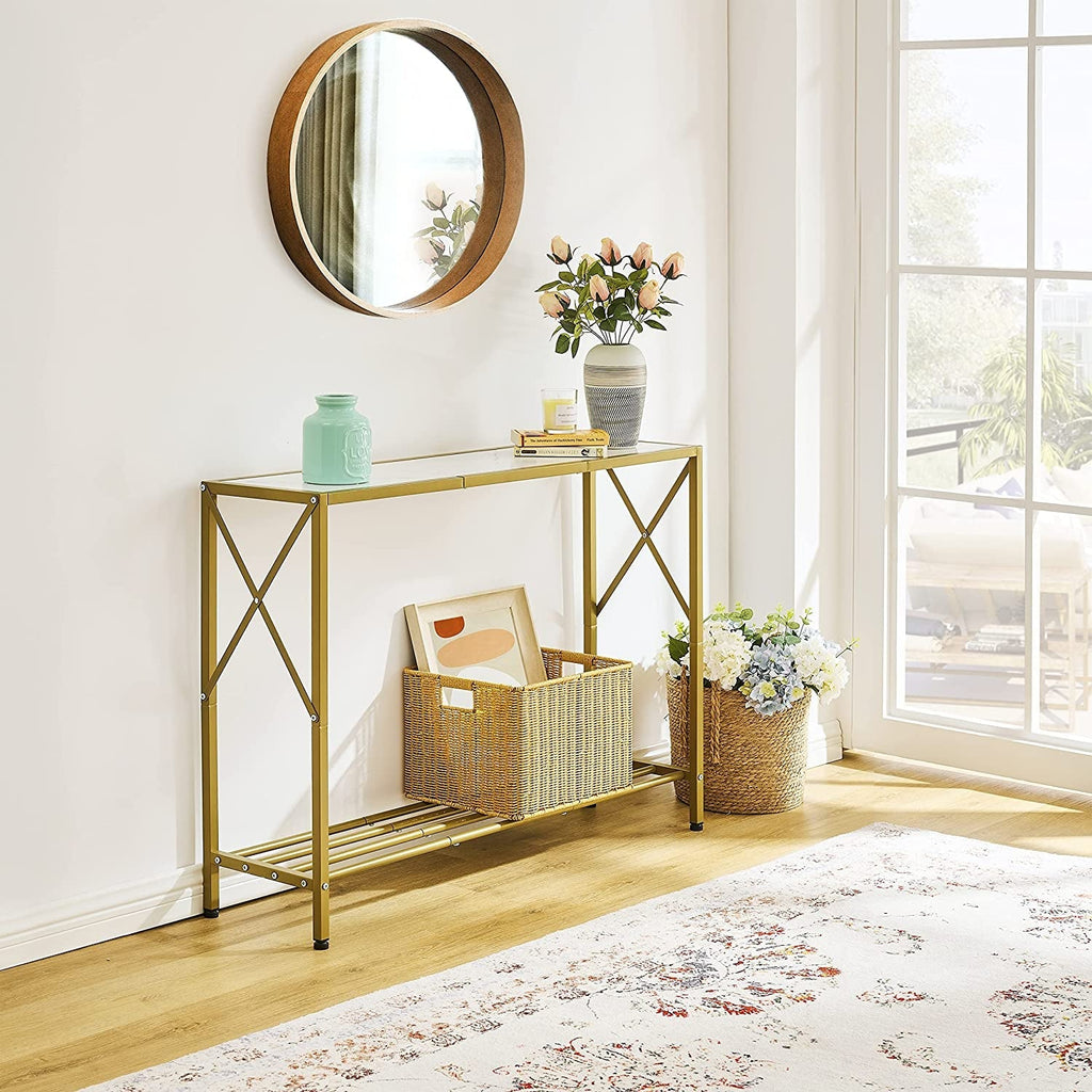 Gold and White Narrow Console Table with Shelves Peach Maple
