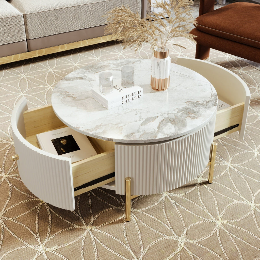 Modern Round Coffee Table With 2 Large Drawers Storage Accent Table  31.5 CJDropshipping
