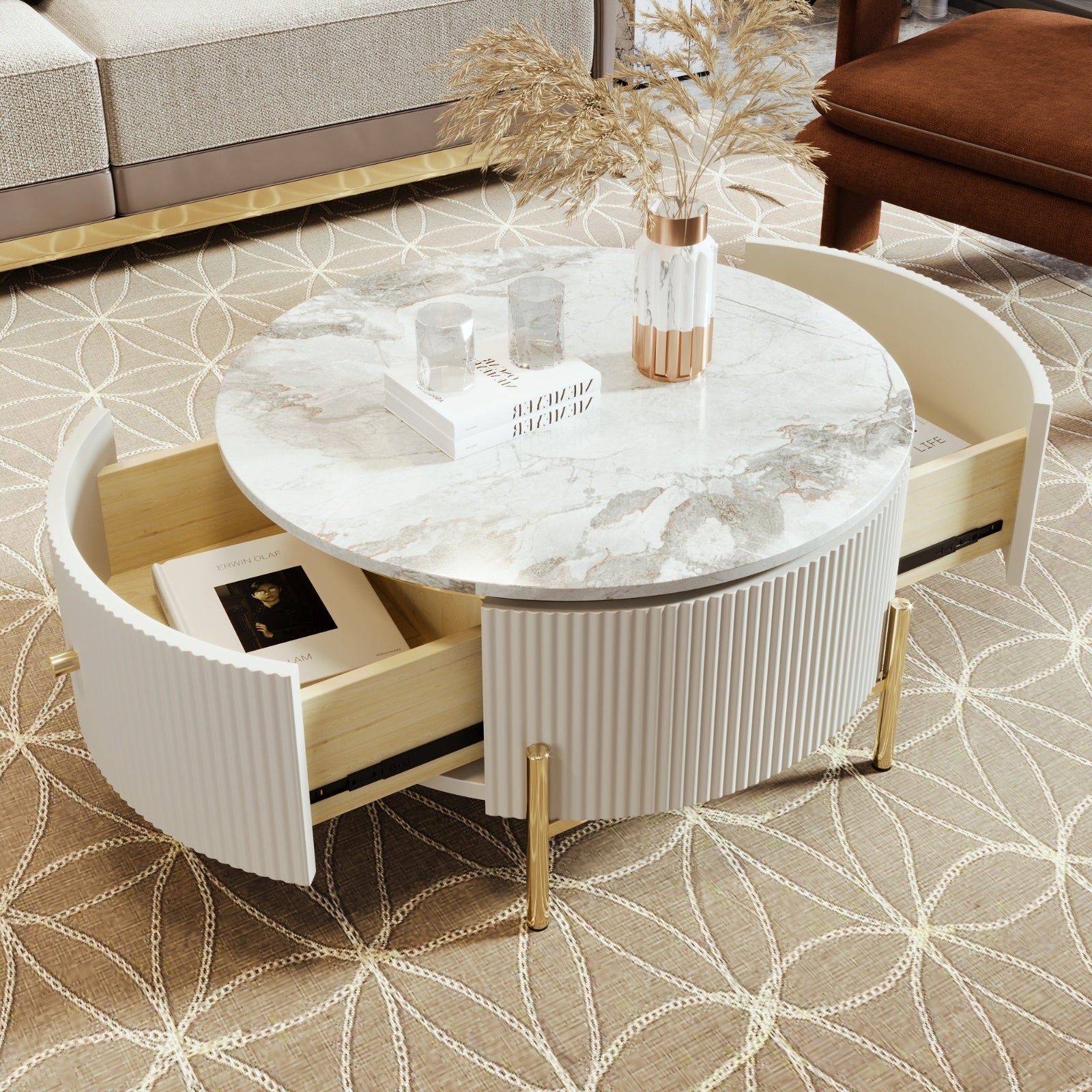 Modern Round Coffee Table With 2 Large Drawers Storage Accent Table  31.5 CJDropshipping