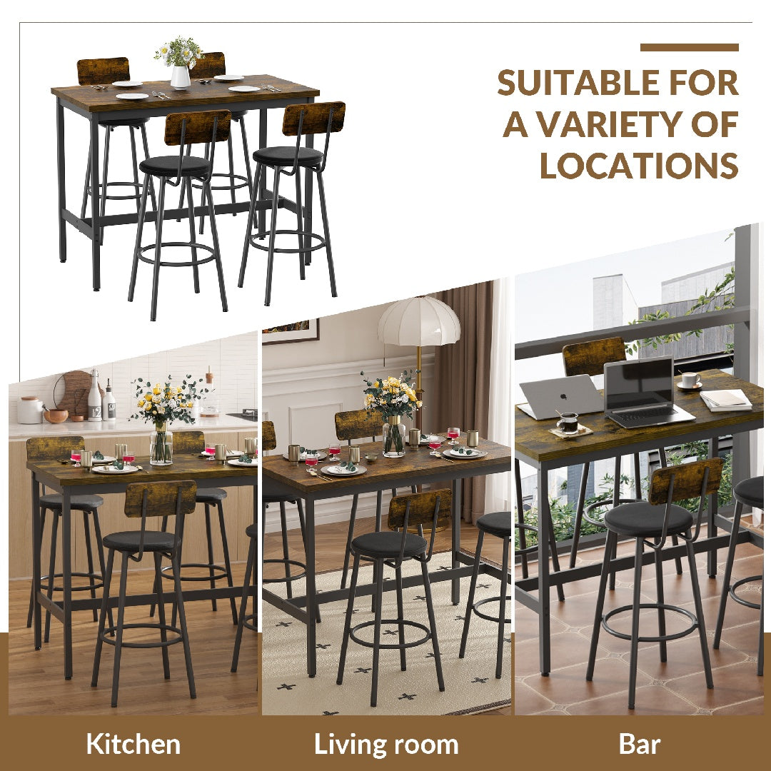 Only Supports Self Pickup-Long Dining Table Set With 4 Bar Stools In PU Leather, Dining Table And Chairs Set, Industrial High Coffee Table And Back Chairs