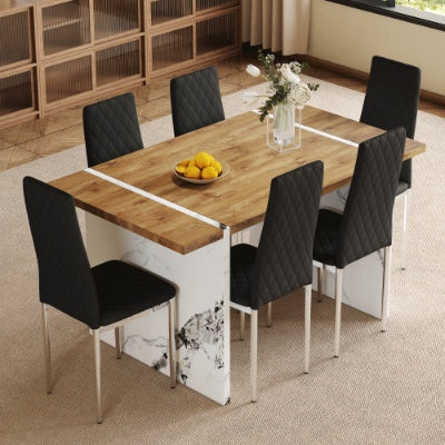 Table And Chair Set.Natural Wood Grain MDF Dining Table  55x31.5 Inch.Paired With 6 Modern Style Dining Chairs In Light Gray, Essential For Minimalist Homes.Blending Into Various Home Environments.