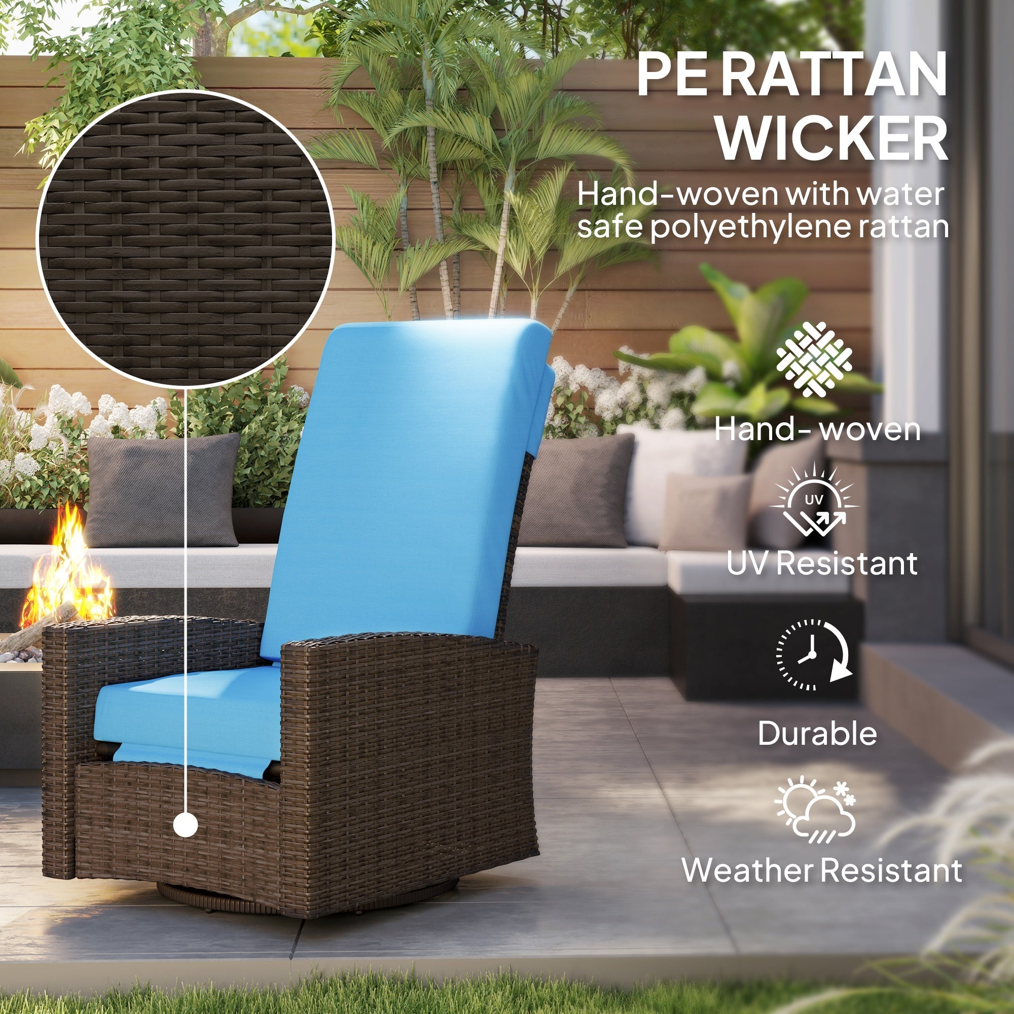 Outdoor Wicker Swivel Recliner Chair, Lifting Footrest, 360 Rotating Basic, Water-resistant Cushions, Sky Blue