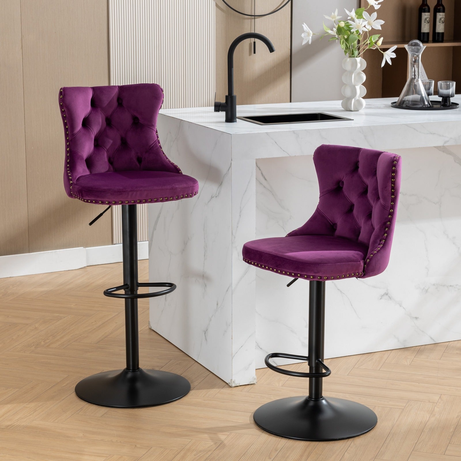 Swivel Velvet Barstools Adjusatble Seat Height From 25-33 Inch
