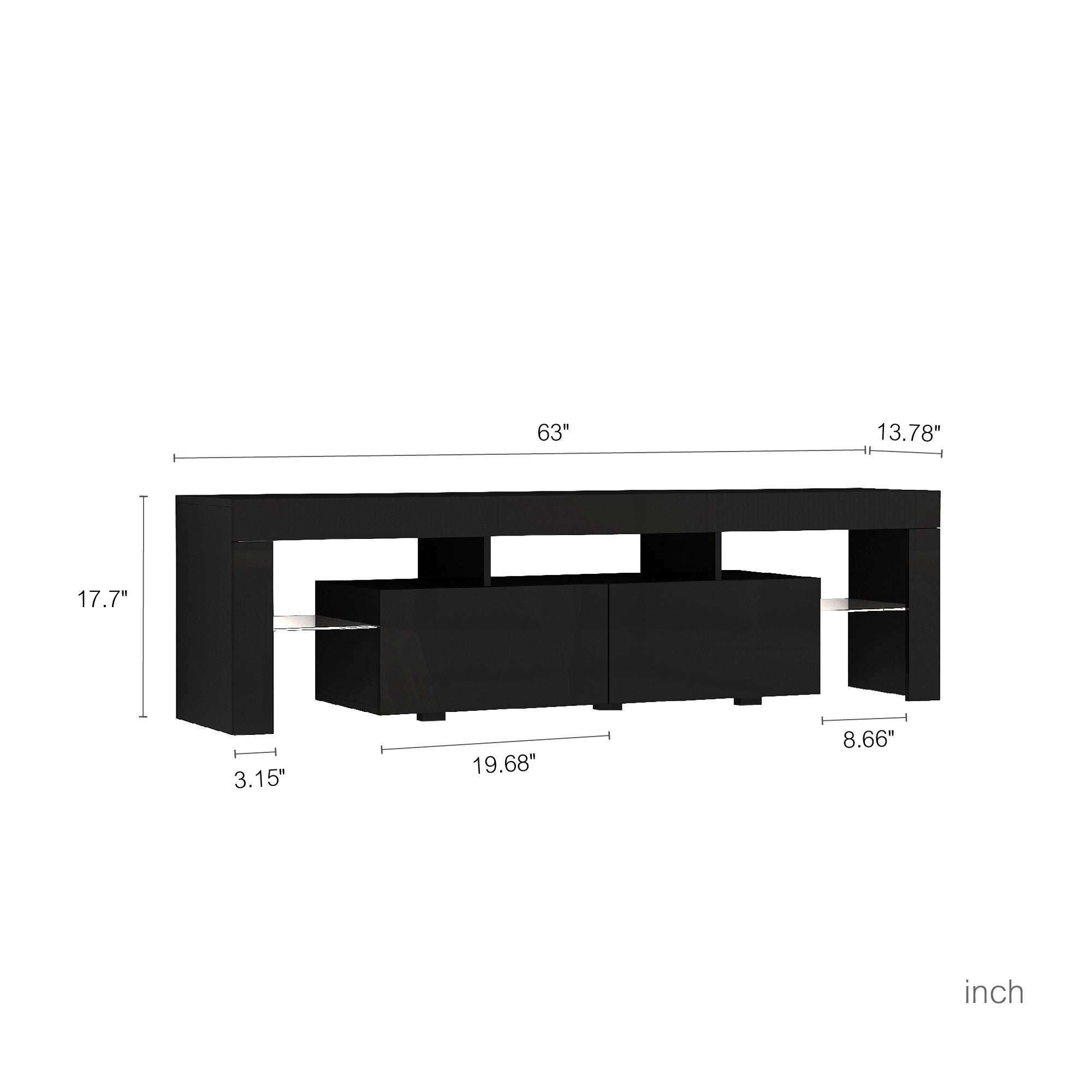 High Gloss TV Stand With LED Lights For TVs Up To , Modern TV Console With Storage Cabinets For Living Room,Black