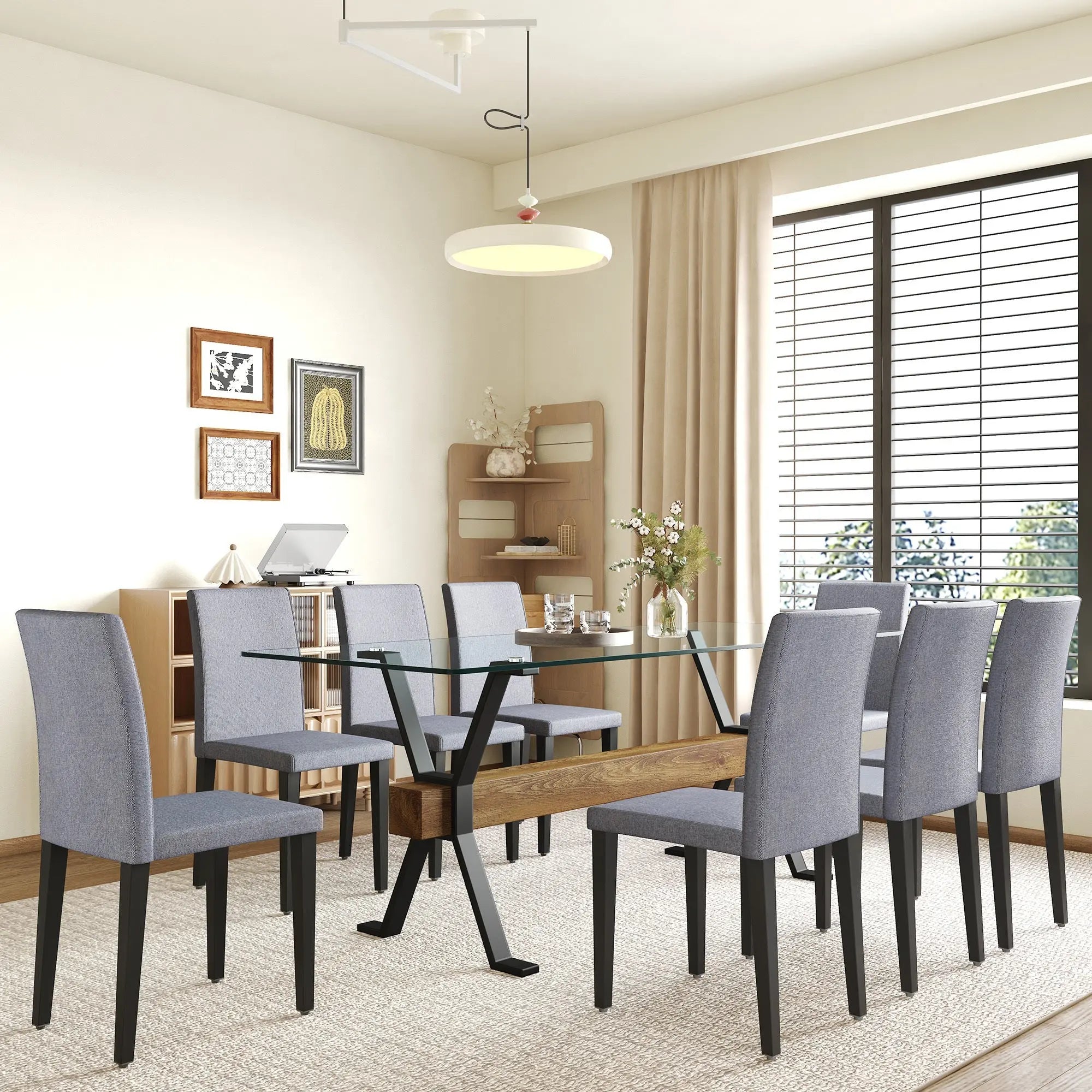 Table and chair set.79'x31.5' Inch Tempered Glass Tabletop With Sangria Beech