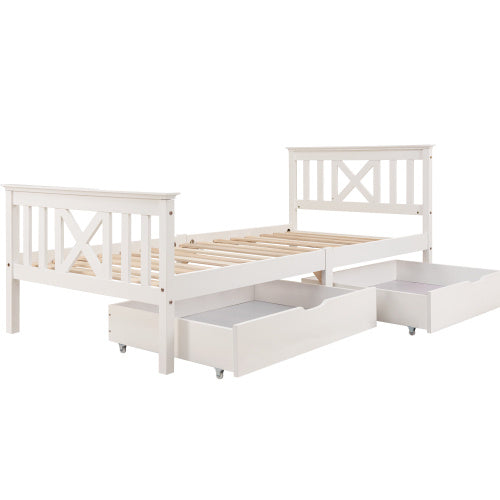 Wooden Bed Frame With Drawers Single Storage Bed Solid Pine Wood,3FT Guest Bed For Adults, Kids, Teenagers