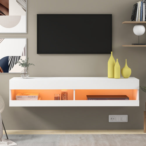 TV Stand With LED Lights, Floating Entertainment Center Media Console, Wall Mounted High Gloss Modern Storage Shelf For Up To 65 TV