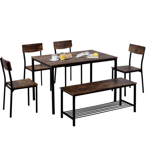 Dining Table Chair And Bench Set 6 Wooden Steel Frame Industrial Style Kitchen Dining Table Set