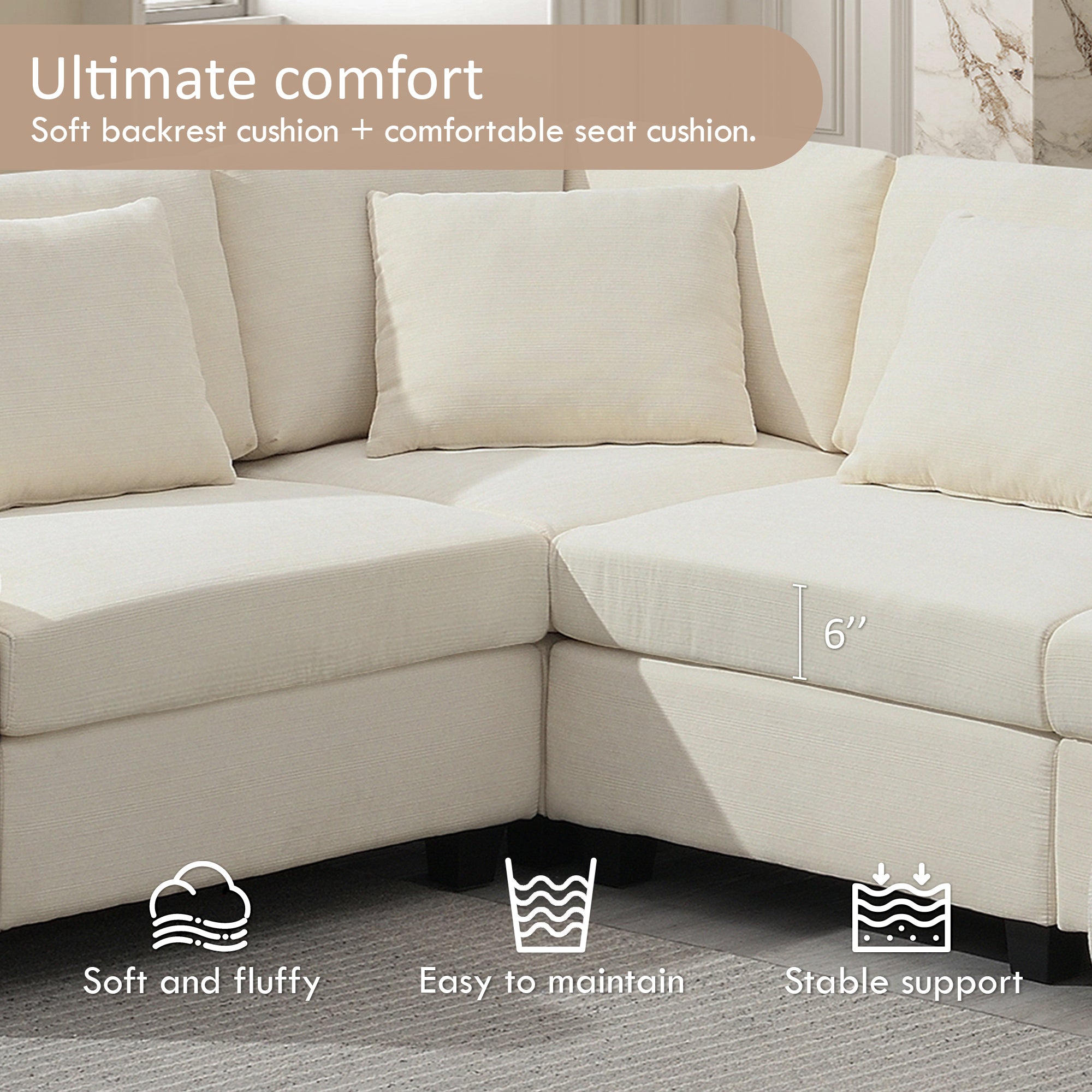 128*67" U Shaped Sectional Sofa,6 Seat Chenille Couch Set with