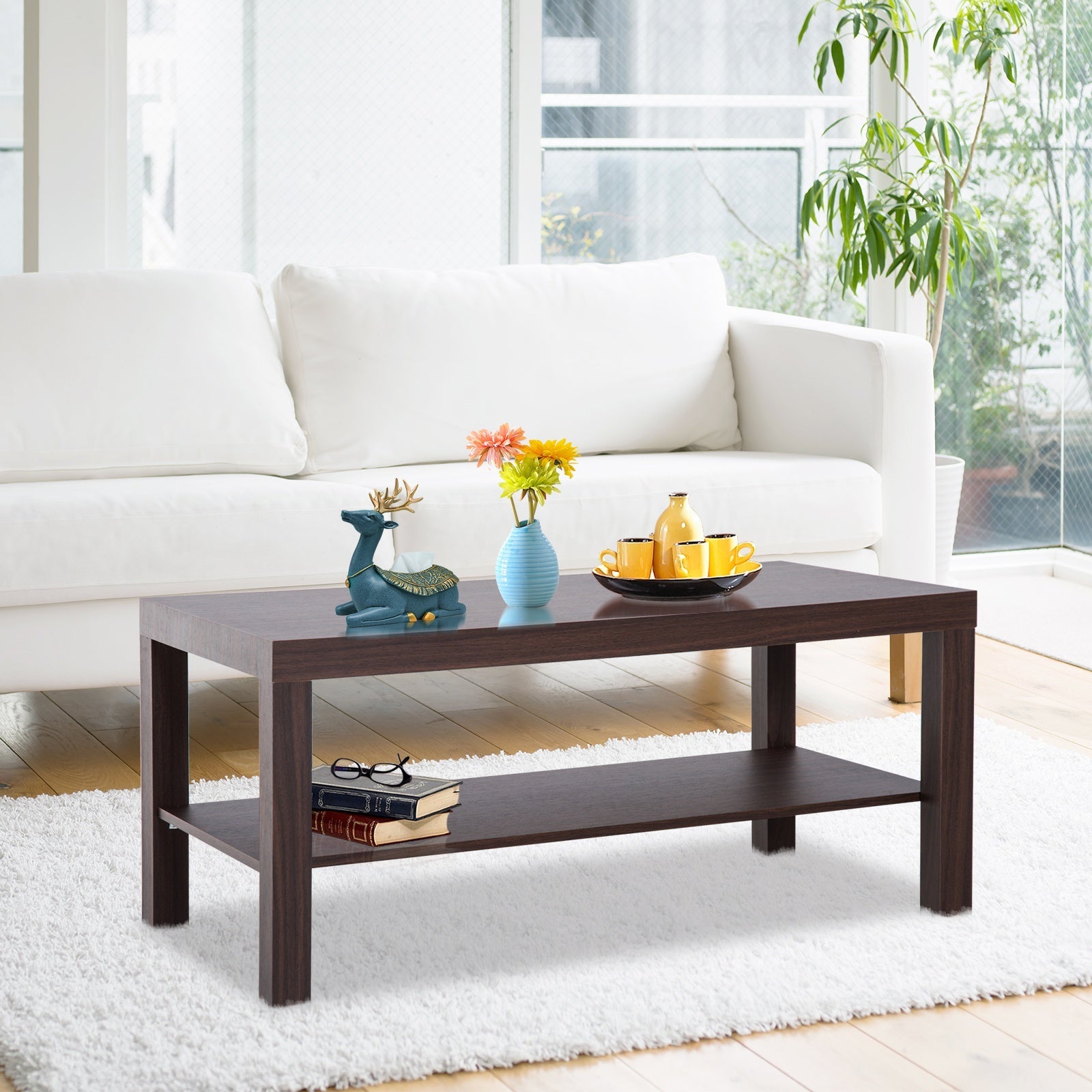 HOMCOM Minimal Wood Coffee Table Storage Shelf Living Room Office Taupe Shadow