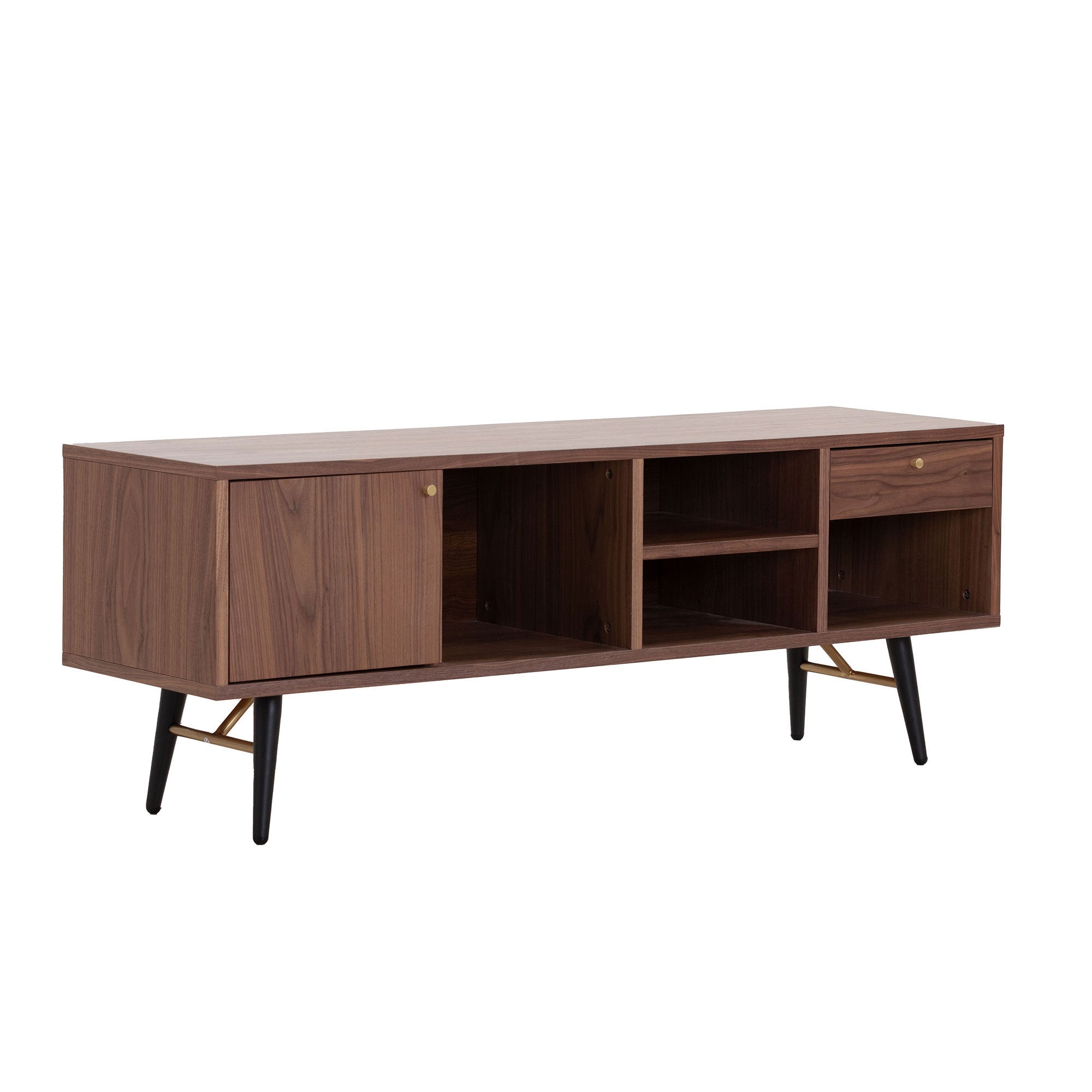Mid-Century Modern Low Profile Media Console TV Stand, Walnut Sangria Beech