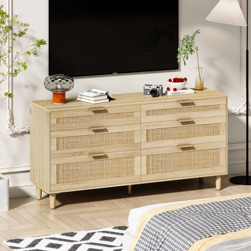 Rattan Dresser With Drawers, 6 Drawer Dresser For Bedroom, Clothes Storage Cabinet For Bedroom, Metal Handle&Wood Legs For Hallway, Living Room, Bedroom,Natural