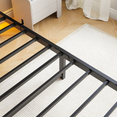 Twin Size Bed Frame Heavy Duty Platform Bed Frame With Headboard, USB Charging Station, LED Bed, No Box Spring Needed, Mattress Foundation, Strong Steel Slats, Noise Free, Brown