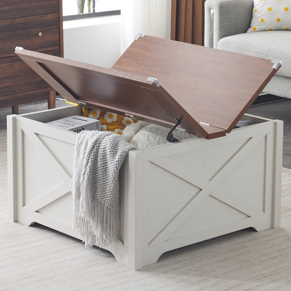 Large Hidden Storage Compartment, Double Flap Panel, Side X Shape, Coffee Table, Square, 31.5x31.5x18in CJDropshipping