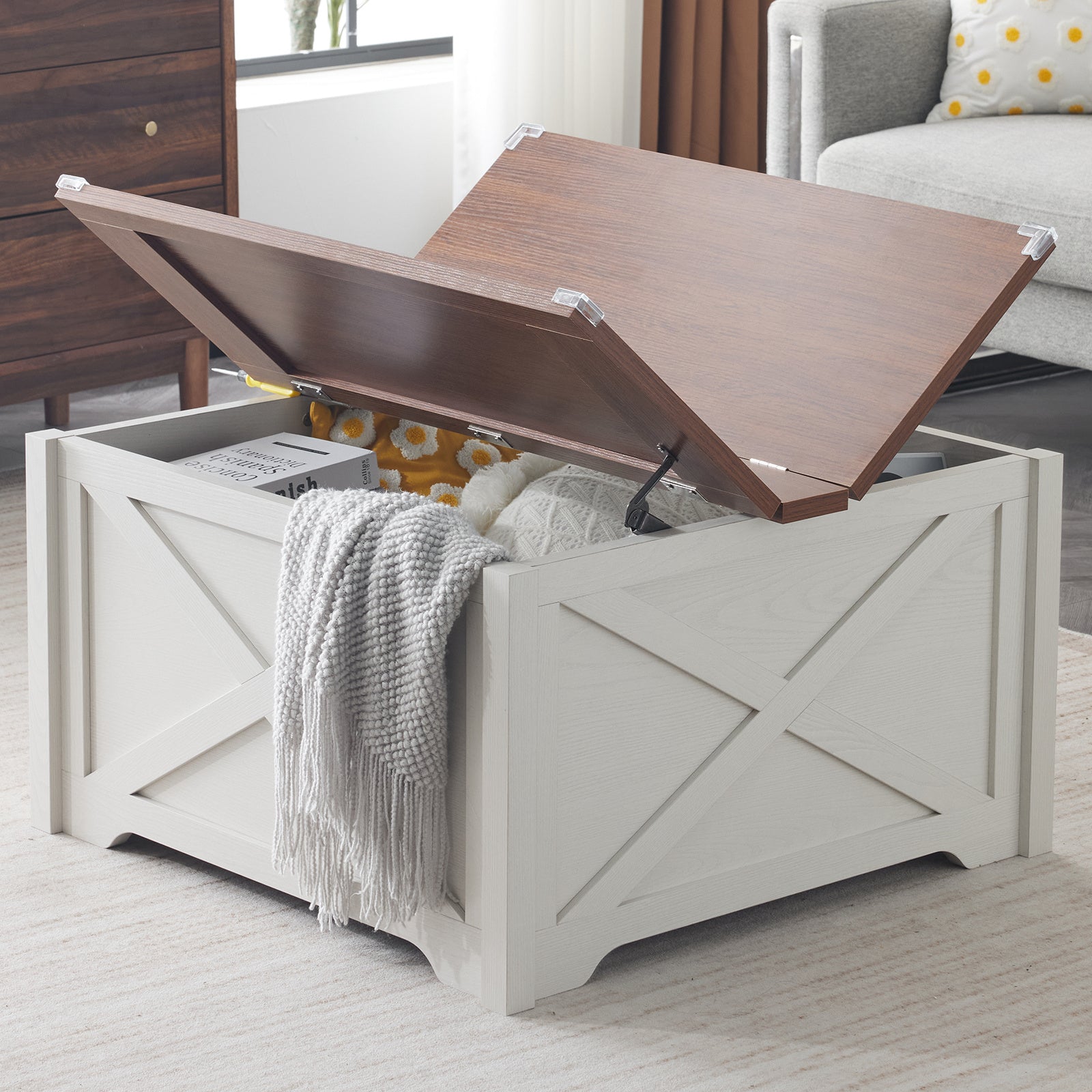 Large Hidden Storage Compartment, Double Flap Panel, Side X Shape, Coffee Table, Square, 31.5x31.5x18in CJDropshipping