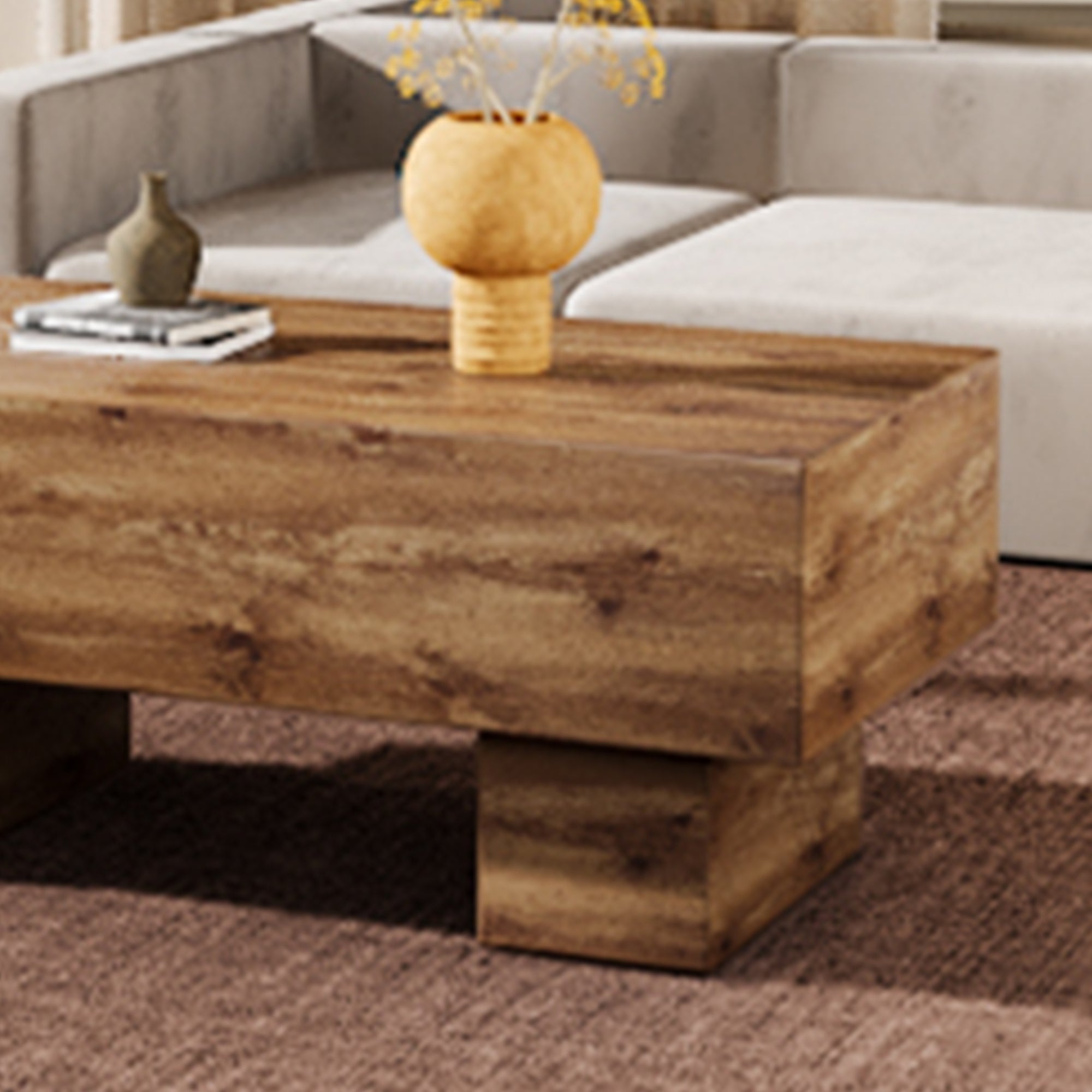 This modern rectangular coffee table features a stylish wood color, Sangria Beech