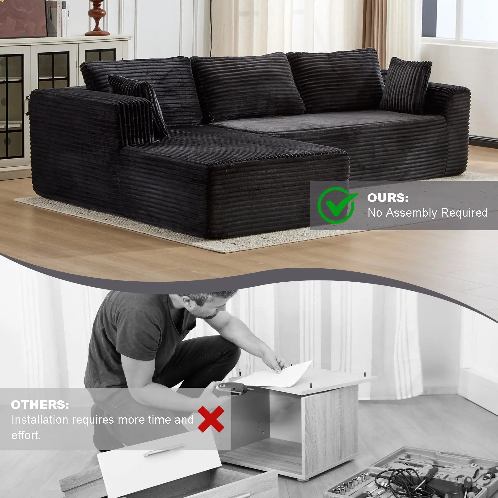 Compression Sectional Couch With Comfy Chaise, Boneless L Shape Sofa Crimson Medea