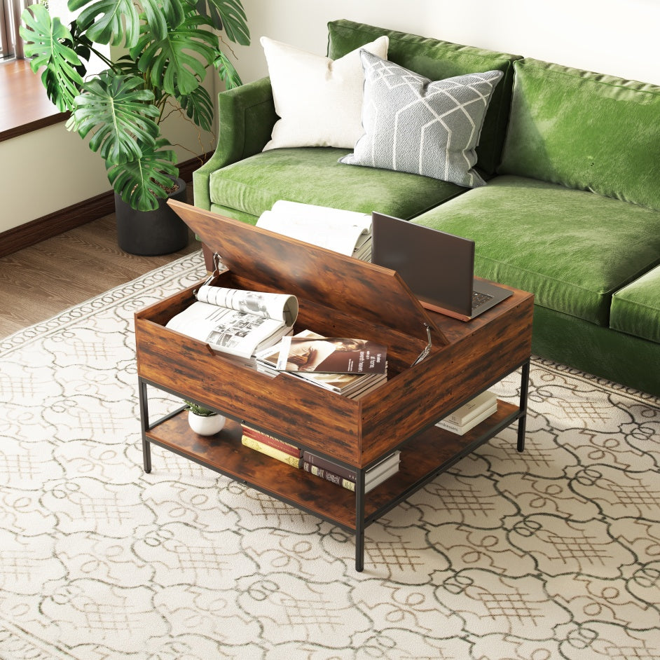 Farmhouse Flip Top Coffee Table With Storage Rustic Wood Grain Table, Hidden Storage Compartment For Living Room, Sturdy Metal Frame Easy To Assemble & Clean CJDropshipping