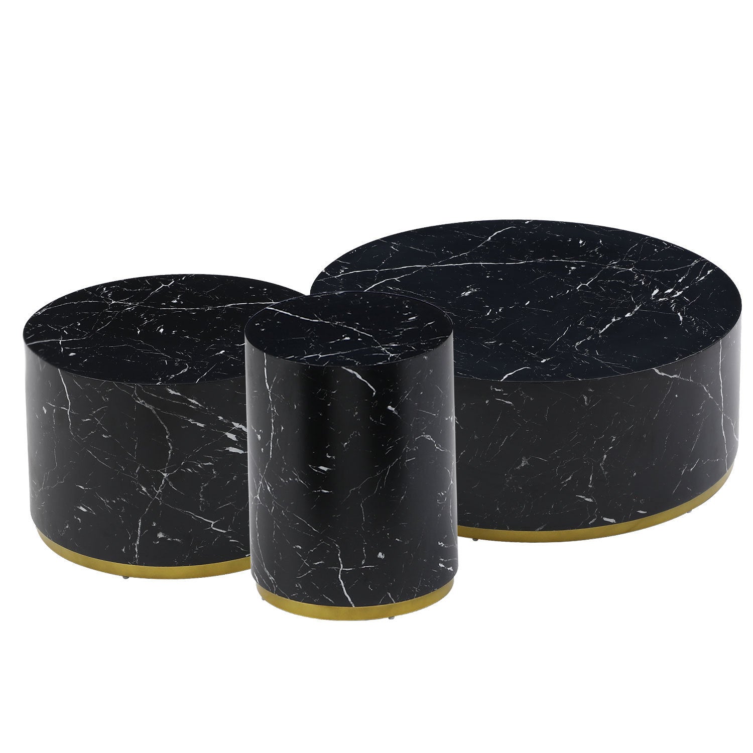 Set of 3 Black Marble Pattern  Round Coffee Table side Table End Table Olive Phaedra