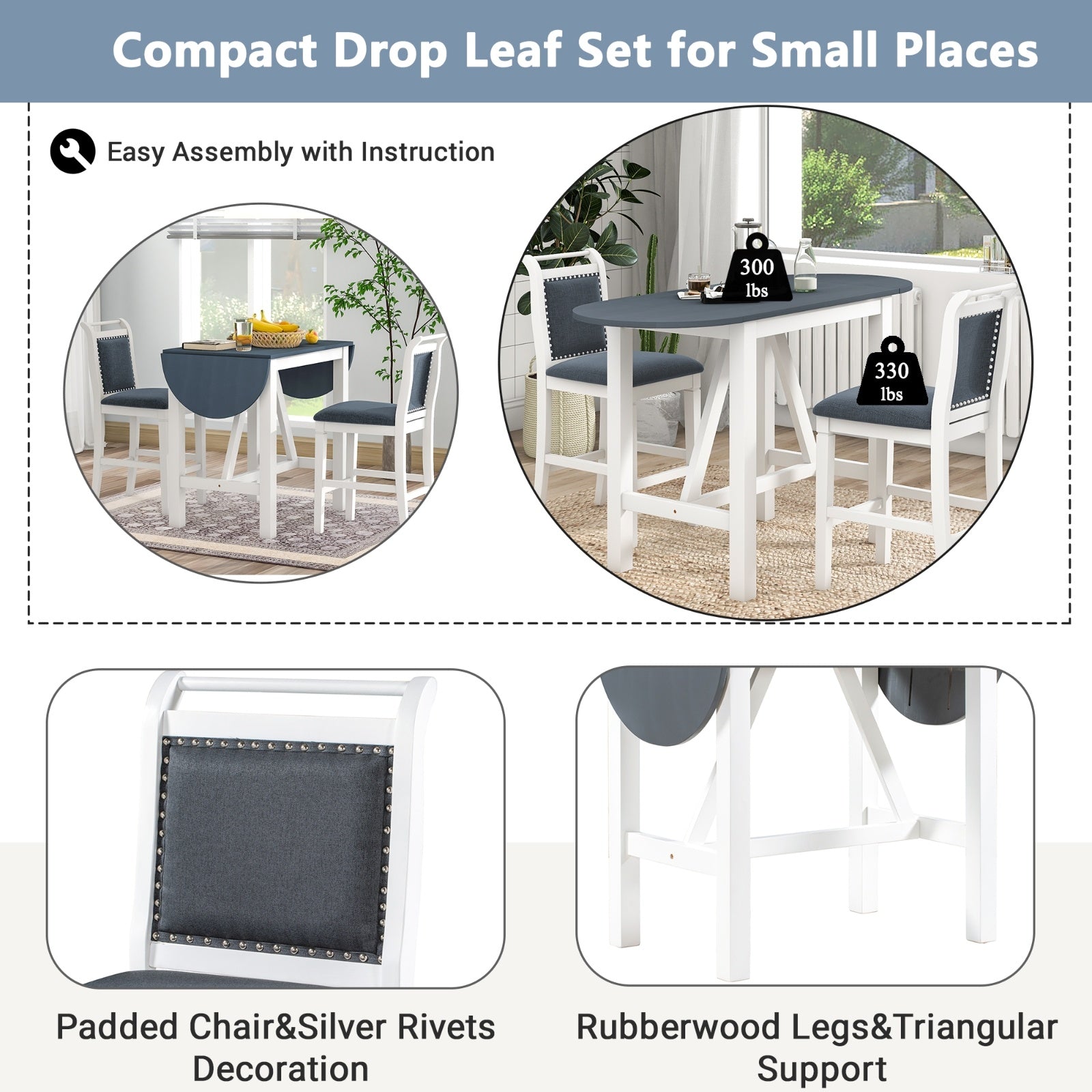 TOPMAX 3-Piece Wood Counter Height Dining Set With 2 Upholstered Chairs