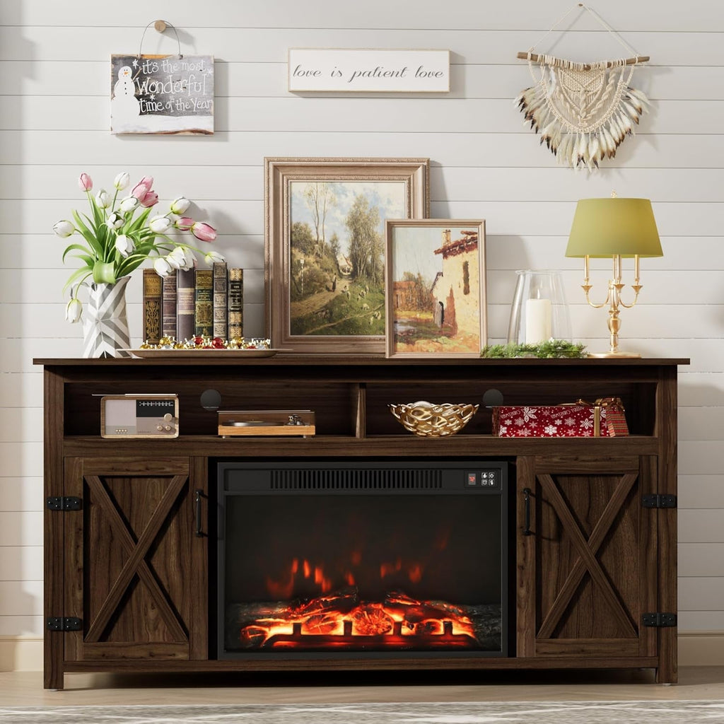 Farmhouse Fireplace TV Stand for Tvs up to 65 Inch Highboy Peach Maple