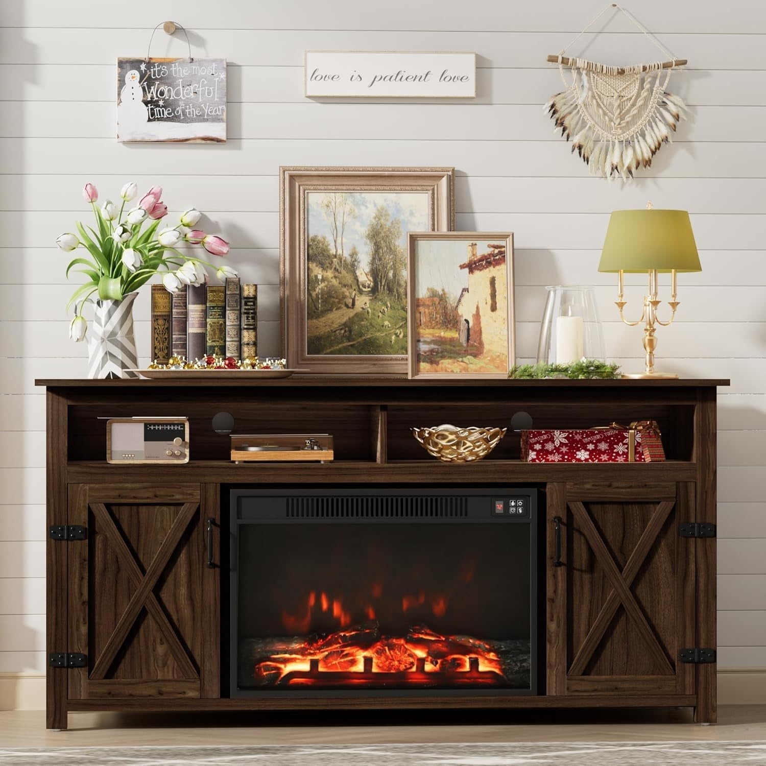 Farmhouse Fireplace TV Stand for Tvs up to 65 Inch Highboy Peach Maple