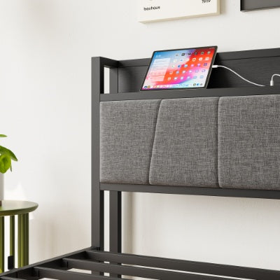 Twin Size Bed Frame, Storage Headboard With Charging Station, Solid And Stable, No Box Spring Needed, Easy Assembly