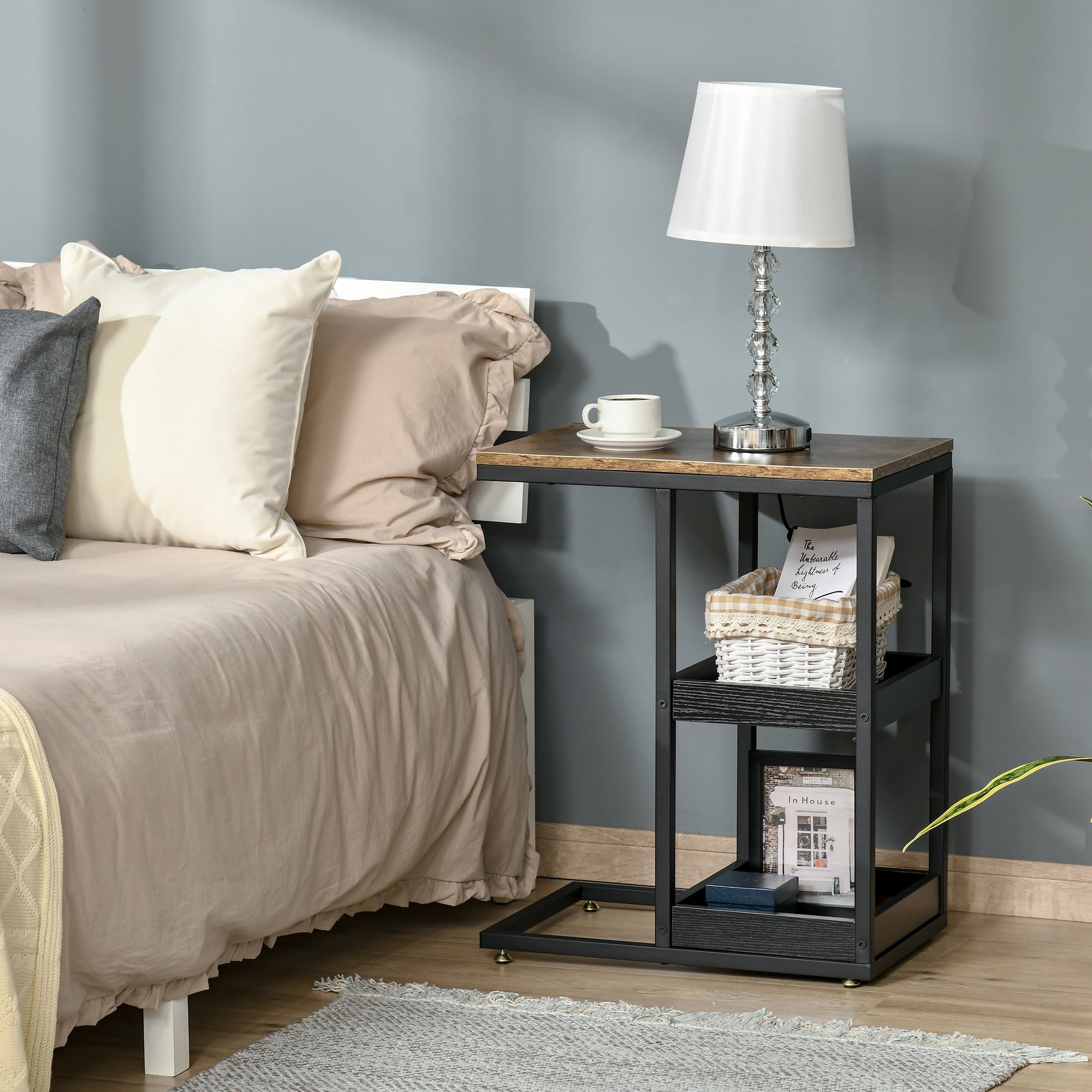 HOMCOM Side Table, C Shaped End Coffee Table, Industrial Nightstand Taupe Shadow