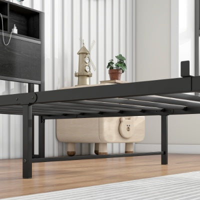 Twin Size Bed Frame With Storage Headboard, Metal Platform Bed With Charging Station, Bookcase Storage, No Box Spring Needed, Easy Assembly, Black