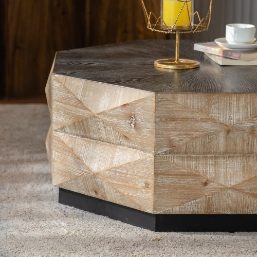 Octagon Coffee Table,38 Retro Style Wood Center Table With Three-Dimensional Embossed Pattern,Rustic Cocktail Table Center Large Circle Coffee Table For Living Room Home CJDropshipping