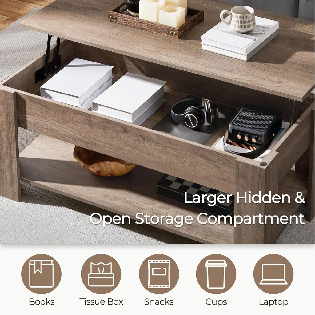 Lift Top Coffee Table with Hidden Compartment and Storage Shelf, Peach Maple