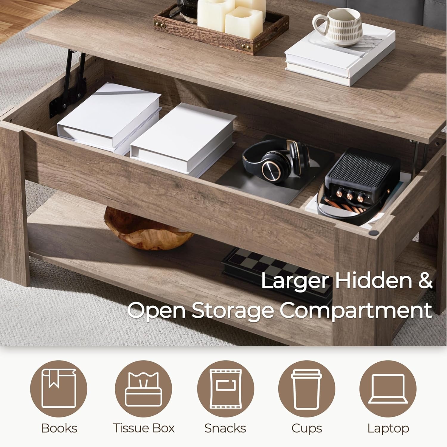 Lift Top Coffee Table with Hidden Compartment and Storage Shelf, Peach Maple