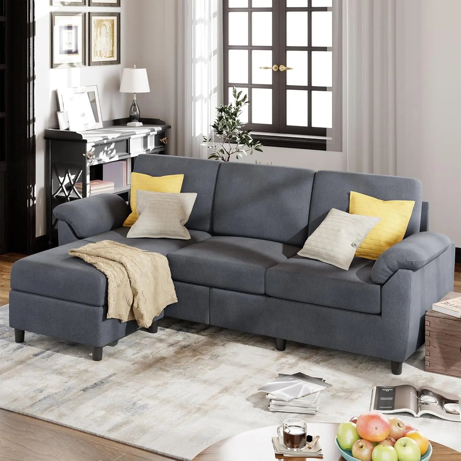 Gray Linen Sectional Sofa with Pillows Peach Maple