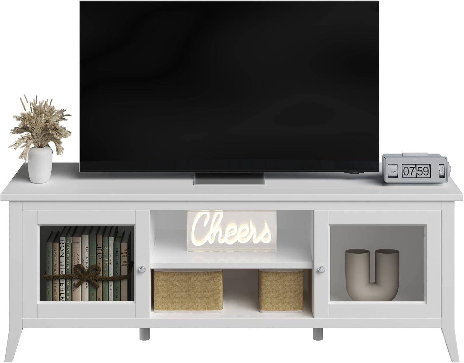 TV Stand - 55-Inch Storage Cabinet with 2 Cubbies and 2 Shelves - Peach Maple