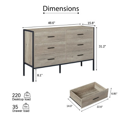 Wood Dresser With 6 Drawers, Wooden Storage Closet For Bedroom, Solid Clothes Cabinet With Sturdy Steel Frame, 48.58Wx15.75Dx31.22H, 48 Inch, Rustic Grey