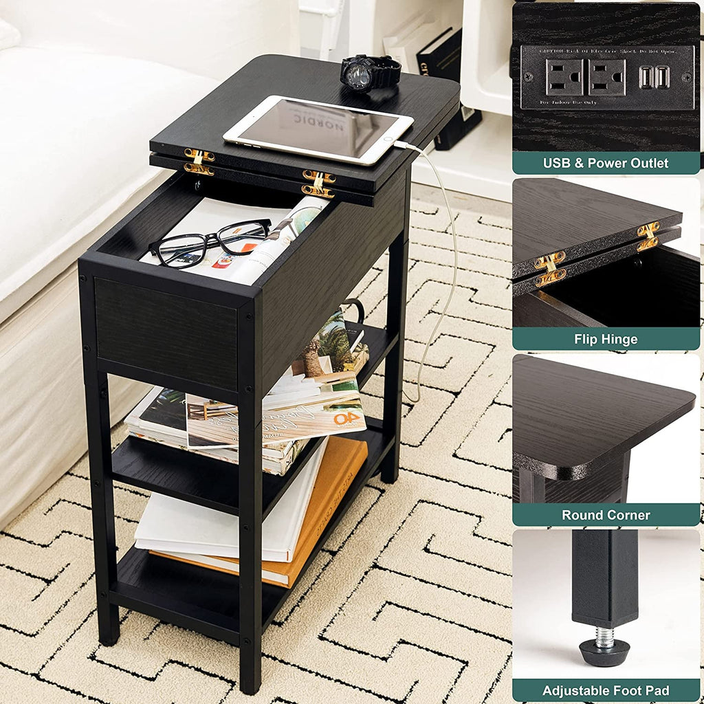 Charging End Table with USB Ports and Outlets, Narrow Nightstand