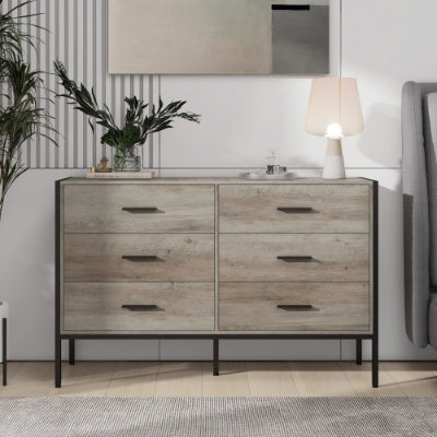 Wood Dresser With 6 Drawers, Wooden Storage Closet For Bedroom, Solid Clothes Cabinet With Sturdy Steel Frame, 48.58Wx15.75Dx31.22H, 48 Inch, Rustic Grey