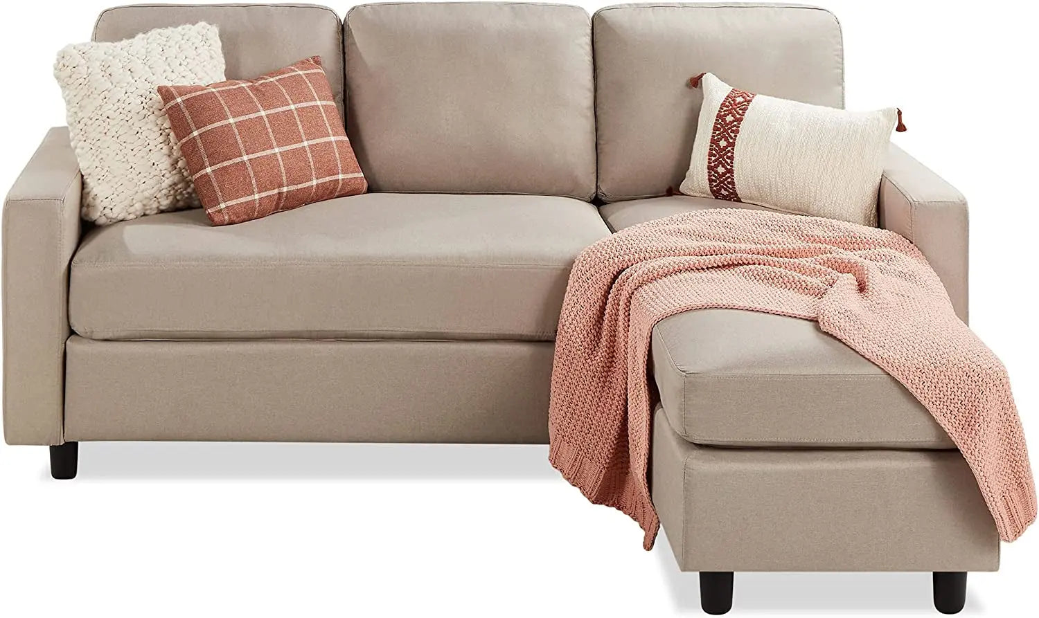 Compact Beige Linen Sectional Sofa with Chaise Lounge Peach Maple