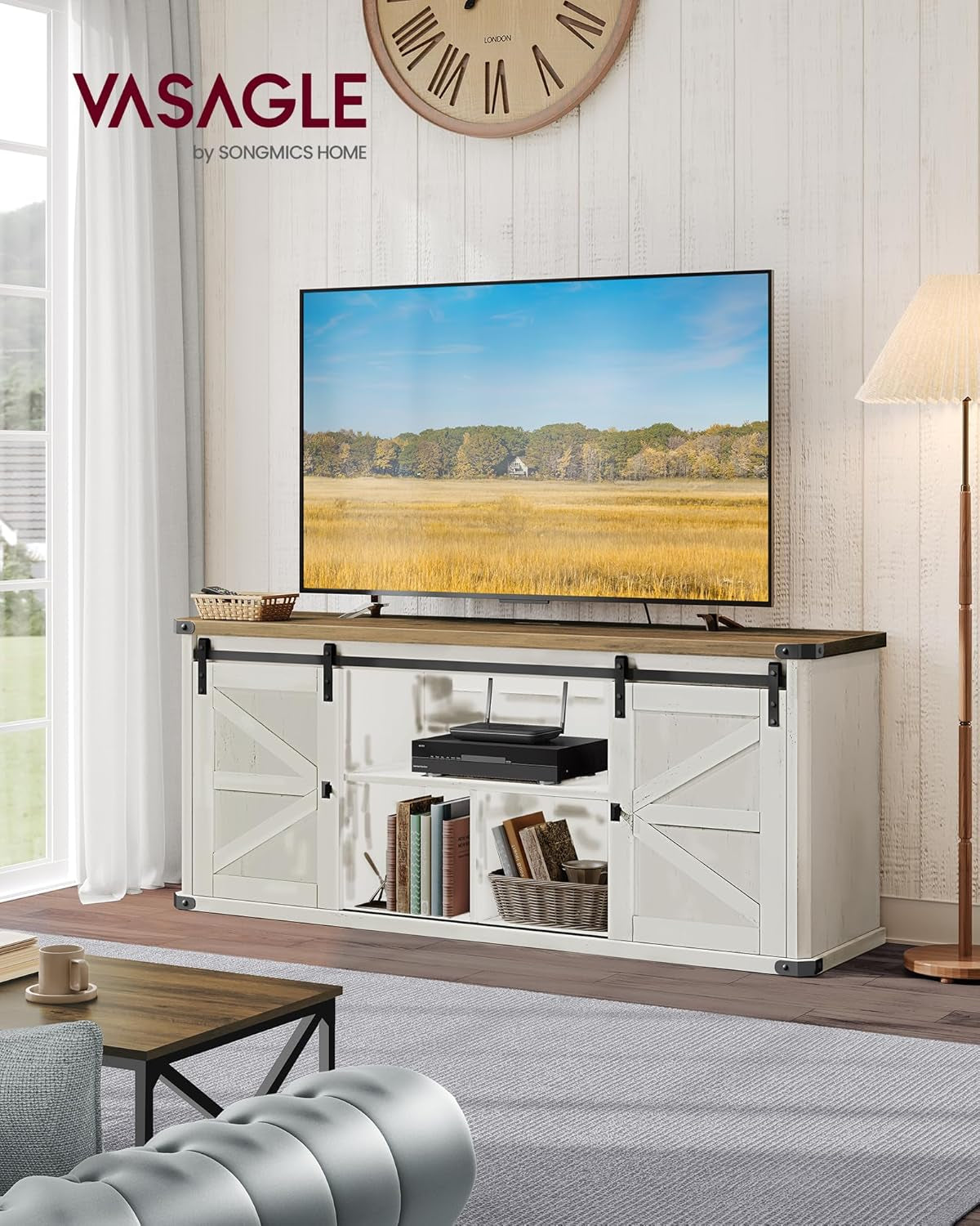 TV Stand for Tvs up to 65 Inches, Farmhouse Entertainment Center with Peach Maple